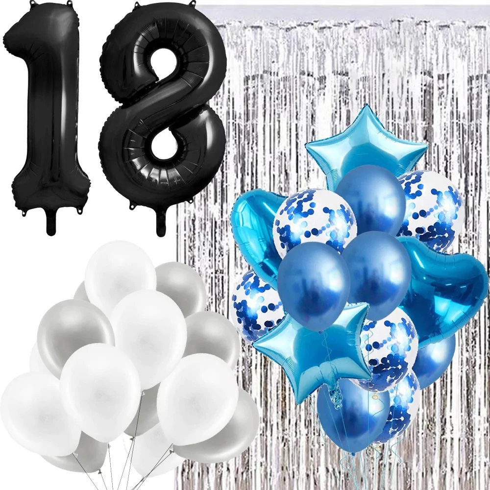 Zestaw Balony Niebieski Srebrny 18 Urodziny Napis