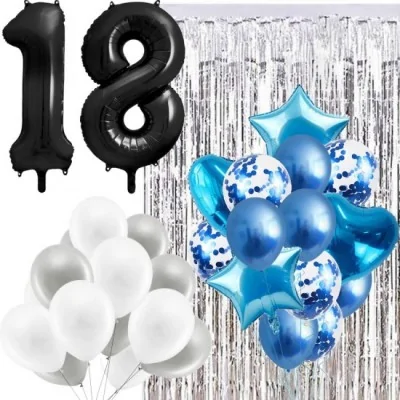 Zestaw Balony Niebieski Srebrny 18 Urodziny Napis