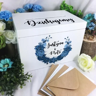 Niebieski Drewniane Pudełko Na Koperty Nadruk ślub
