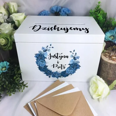 Niebieski Drewniane Pudełko Na Koperty Nadruk ślub