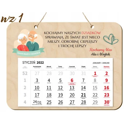 Kalendarz Drewniany Dzień Babci Dziadka Prezent