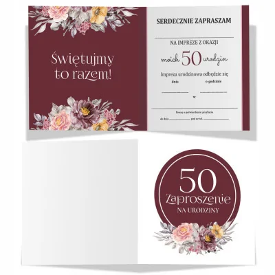 Zaproszenie Na Urodziny 50 Bordo Kwiaty