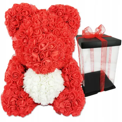 Czerwony Miś Z Róż 40cm Serce Walentynki Dzień Kobiet