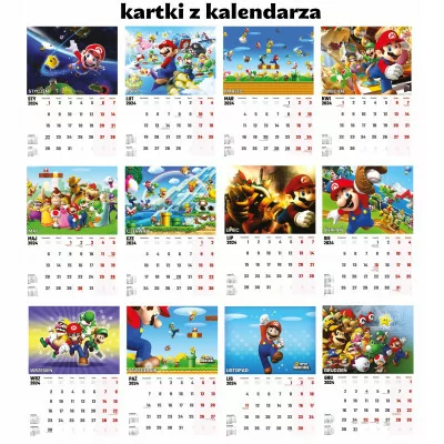 Kalendarz ścienny Na Rok 2024 Super Mario Luigi Wieloplanszowy A4