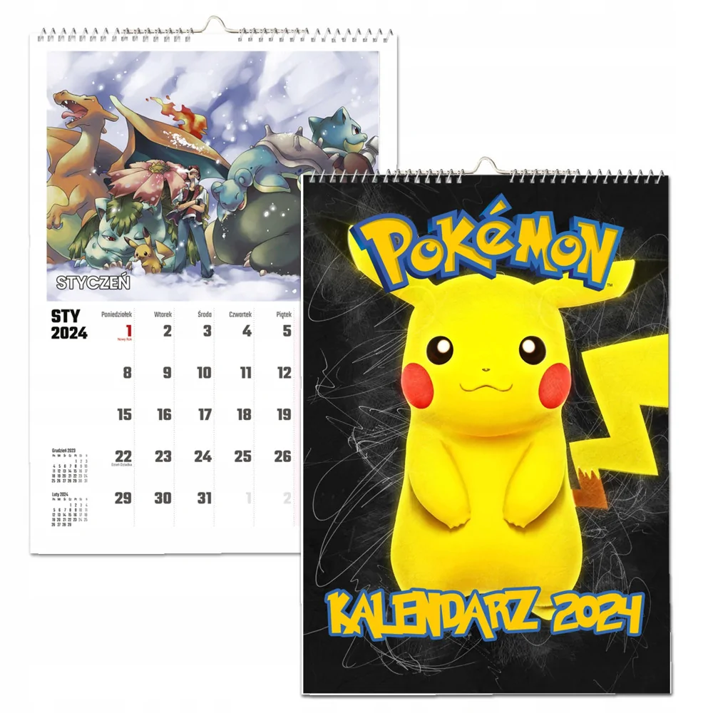 Kalendarz ścienny Na Rok 2024 Pokemon Pikachu Pokeball Wieloplanszowy A4