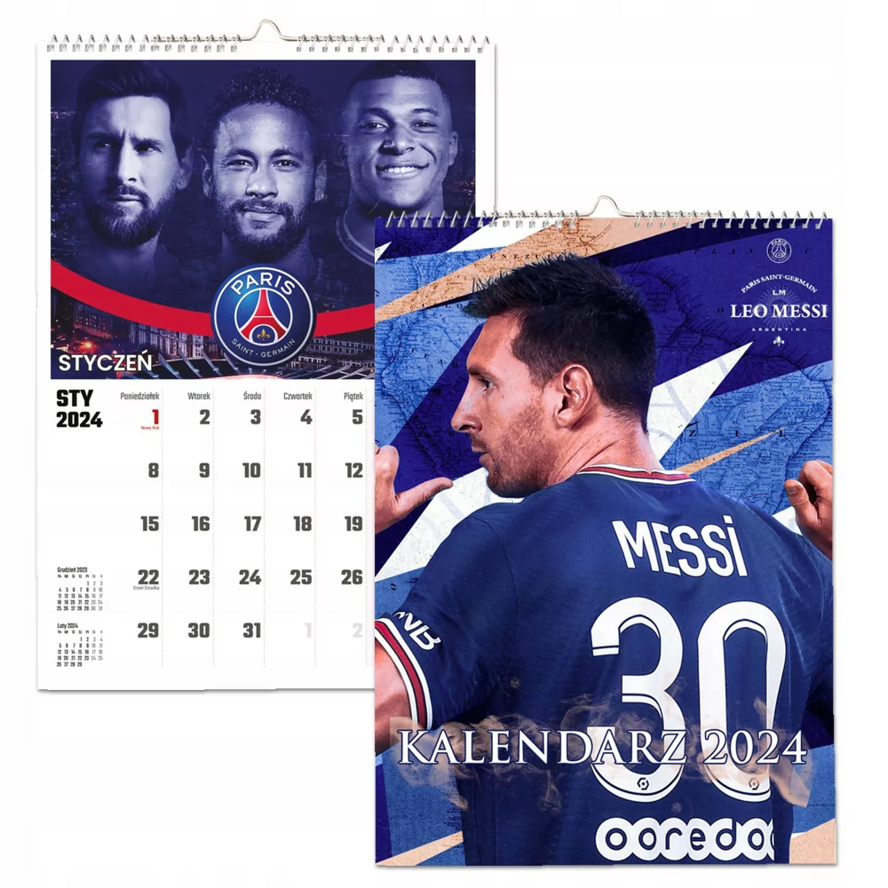 Kalendarz ścienny Na Rok 2024 Leo Messi Psg Wieloplanszowy A4