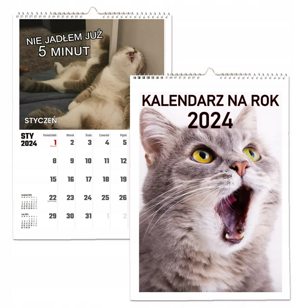 Kalendarz ścienny Na Rok 2024 śmieszne Kotki Koty Wieloplanszowy A3