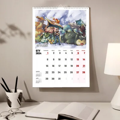 Kalendarz ścienny Na Rok 2024 Pokemon Pikatchu Pokeball Wieloplanszowy A3