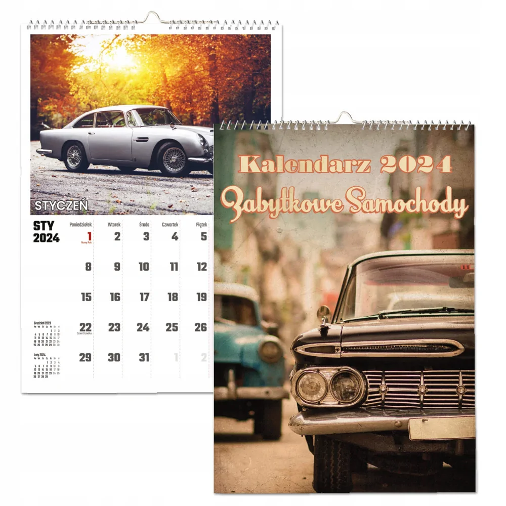 Kalendarz ścienny Na Rok 2024 Zabytkowe Samochody Wieloplanszowy A3