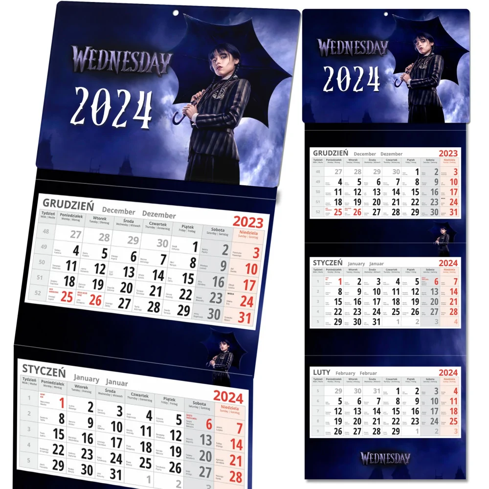 Kalendarz ścienny Trójdzielny Na Nowy Rok 2024 Wednesday Prezent Y3