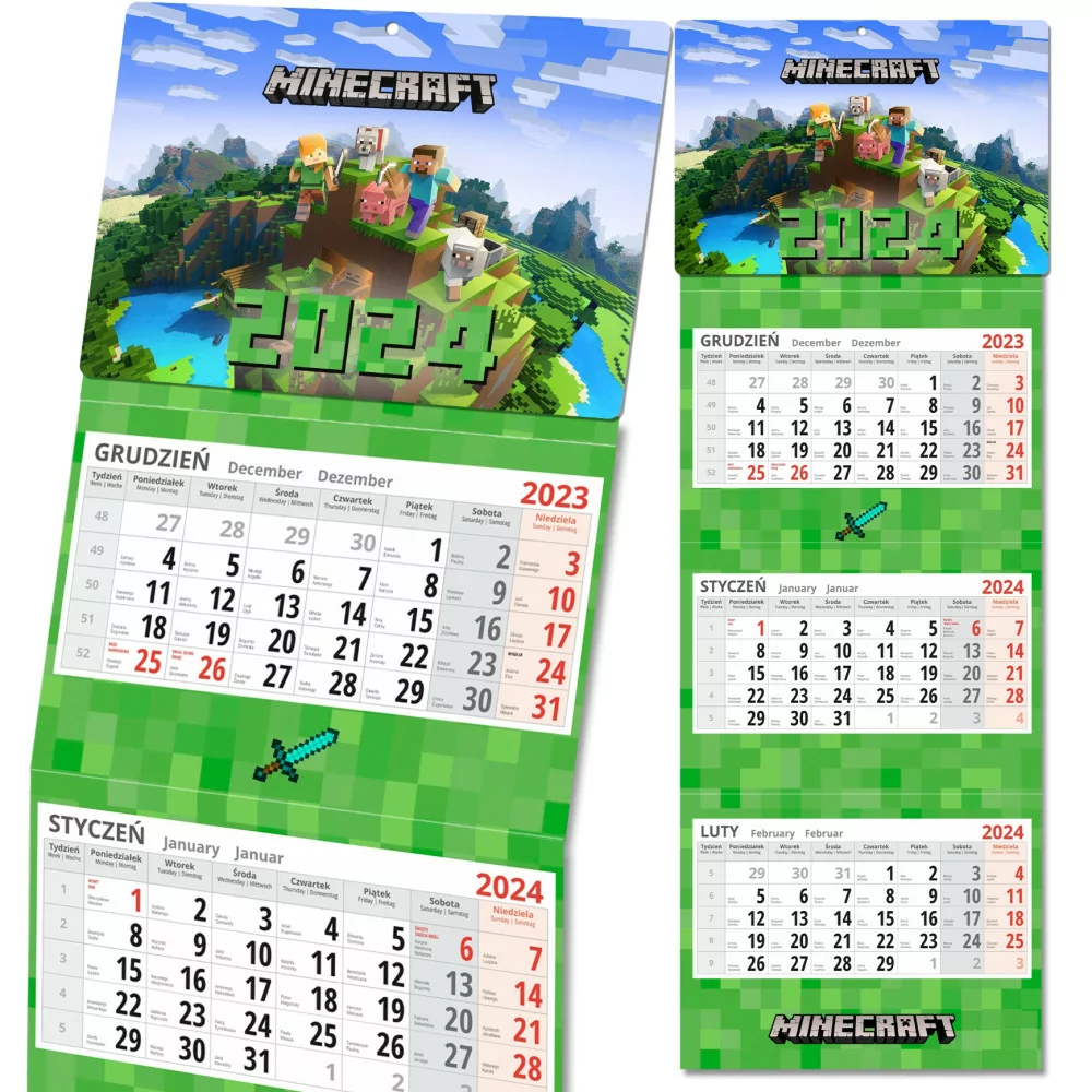 Kalendarz ścienny Trójdzielny Na Nowy Rok 2024 Minecraft Prezent Y3